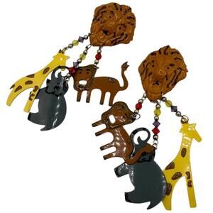 Vintage Artisan lion Mix Safari Animal s whimsical earrings statement 4"